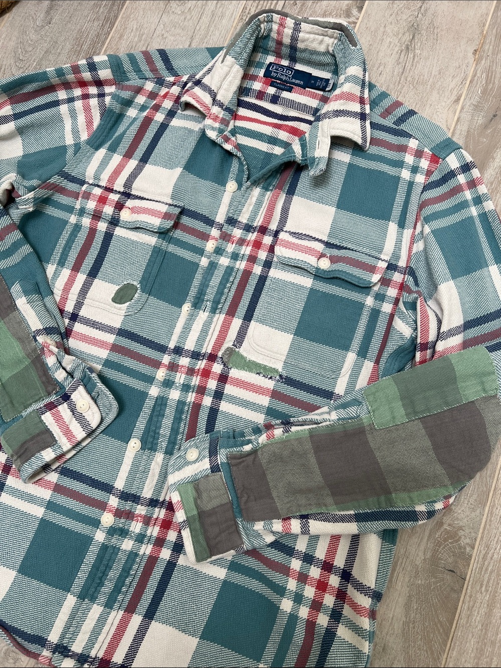 Polo by Ralph Lauren Teal, Cream & Red Plaid Flannel Shirt - Picture 9 of 12